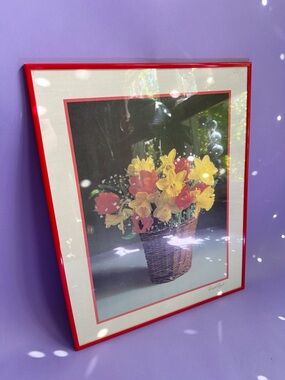 Vintage 80s Post Modern Red Framed Floral Print Wall Hanging